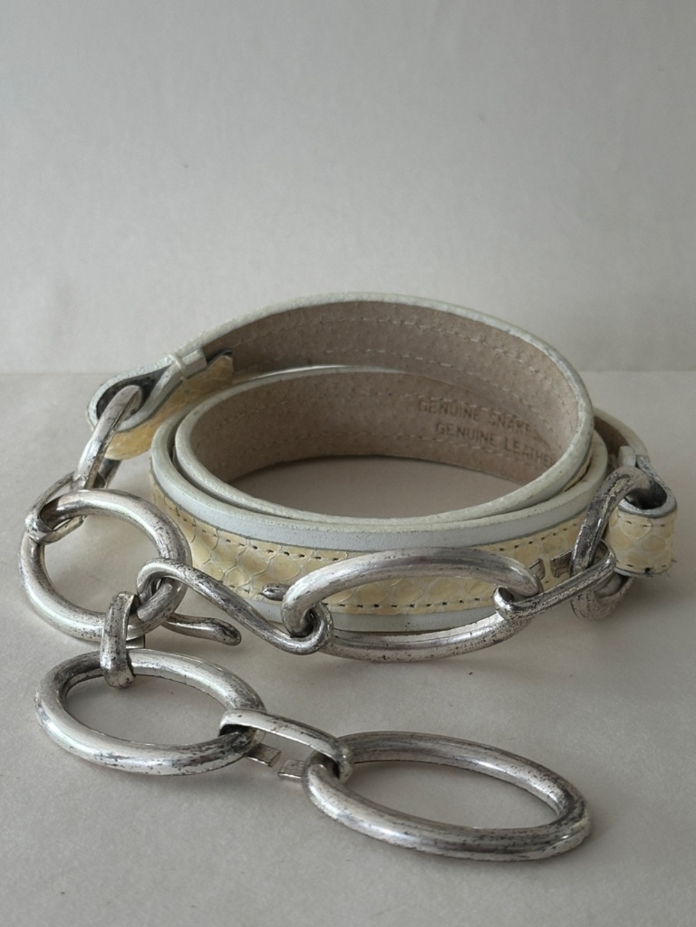 Anne Klein Vintage Genuine Snake Skin Leather SILVER CHAIN Buckle Belt M/L